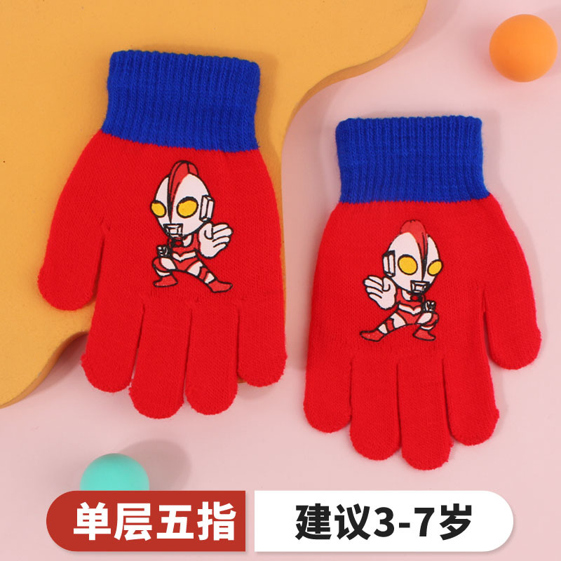 Picture of Children's Gloves Winter Warm Double Layer Boys' Cartoon Sub-finger Half-finger Baby Five-finger Writing Two-piece Set Anti-freezing Hand