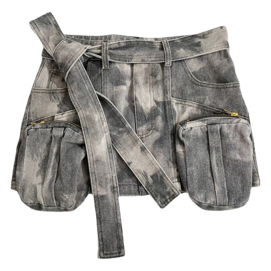 Summer Camouflage Multi-Pocket European and American Workwear Mini Skirt Women's Loose Profile Hot Girl Low Waist Denim Skirt