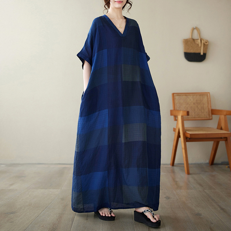 2024 Summer V-neck Cotton Linen Large Size Loose Artistic Holiday Beach Dress Retro Meat Covering Long Gown for Women