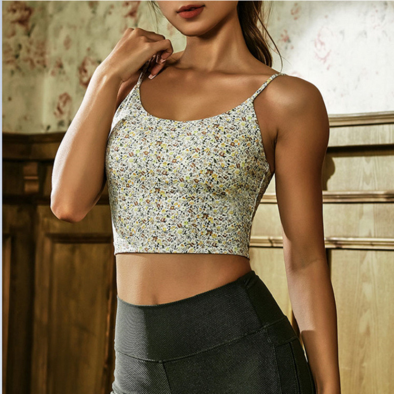 Summer Beautiful Back Retro Printed Small Floral Sports Vest Yoga Clothing Women's Outer Wear Sling Chest Pad Fitness Underwear Bra