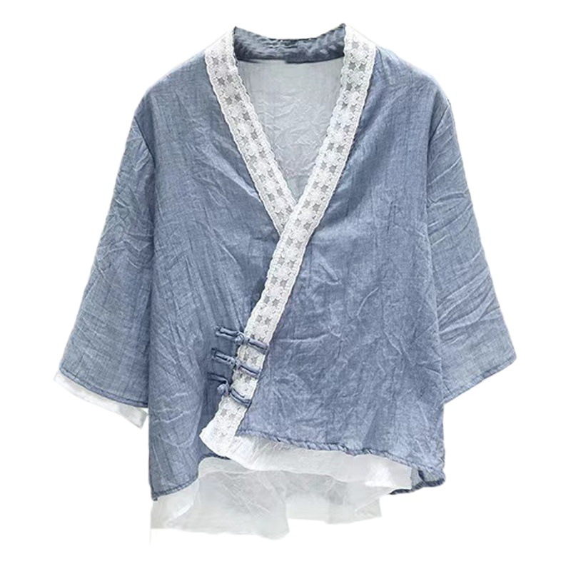 Chinese Style Retro Literary Style Top Women's Spring and Summer Thin Elegant Seven-point Sleeve Shirt Beautiful Cotton and Linen Short-sleeved Shirt