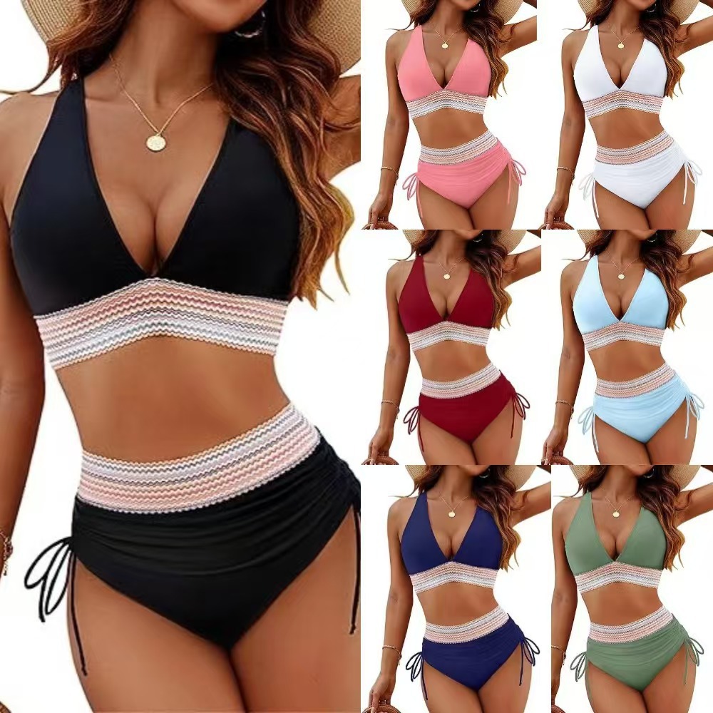 Europe and the United States hot selling solid color deep V bikini swimsuit women's tight sexy chest gathered high waist cross-border split swimsuit