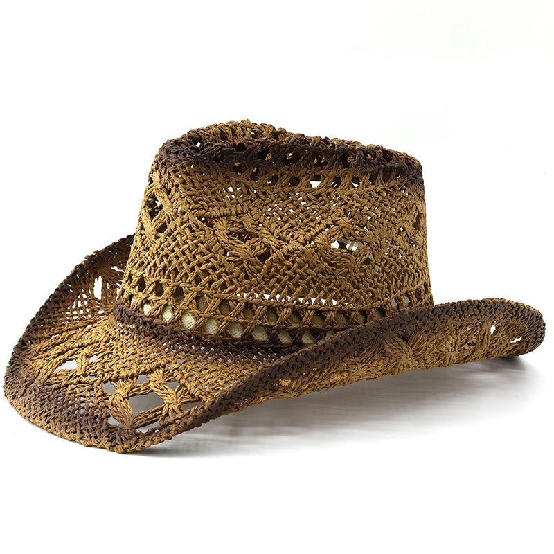 Picture of European and American Retro Western Cowboy Hat Sunscreen Hollow-out Jazz Hat Cross-border Malan Flower Windproof Rope Denim Straw Hat