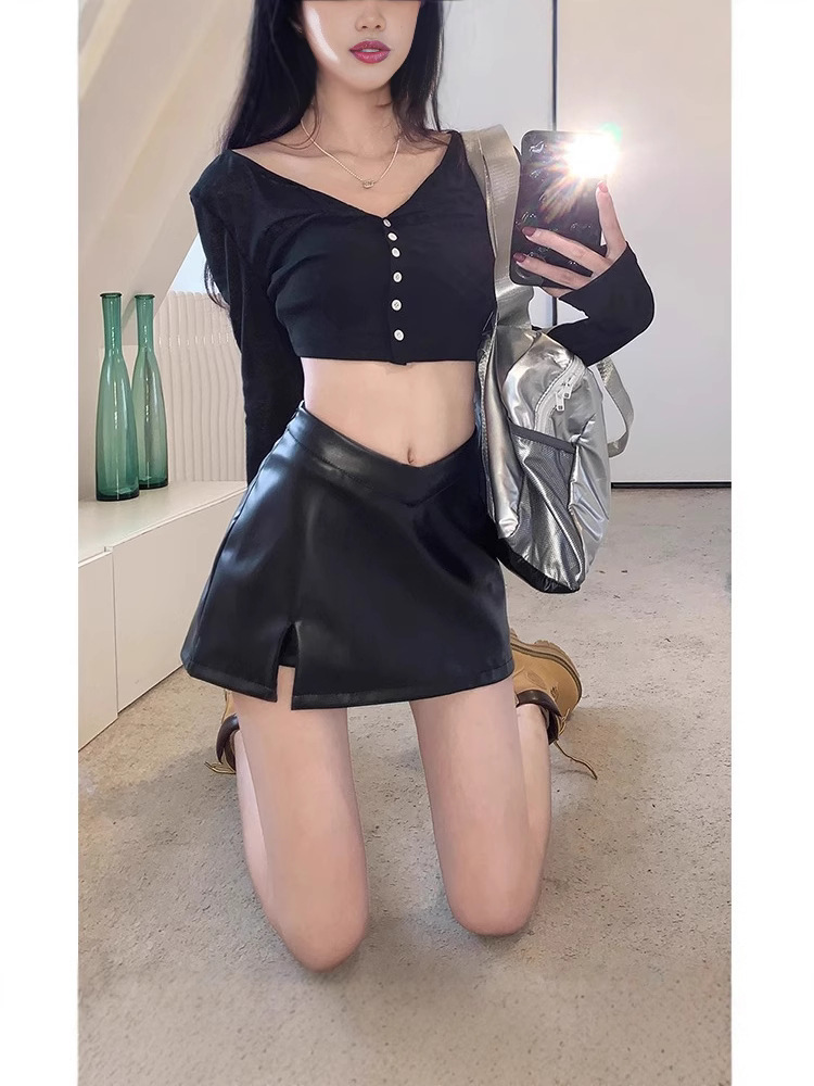 pu leather skirt women's retro high waist anti-light plus size chubby girl autumn and winter black A- line split hip short skirt