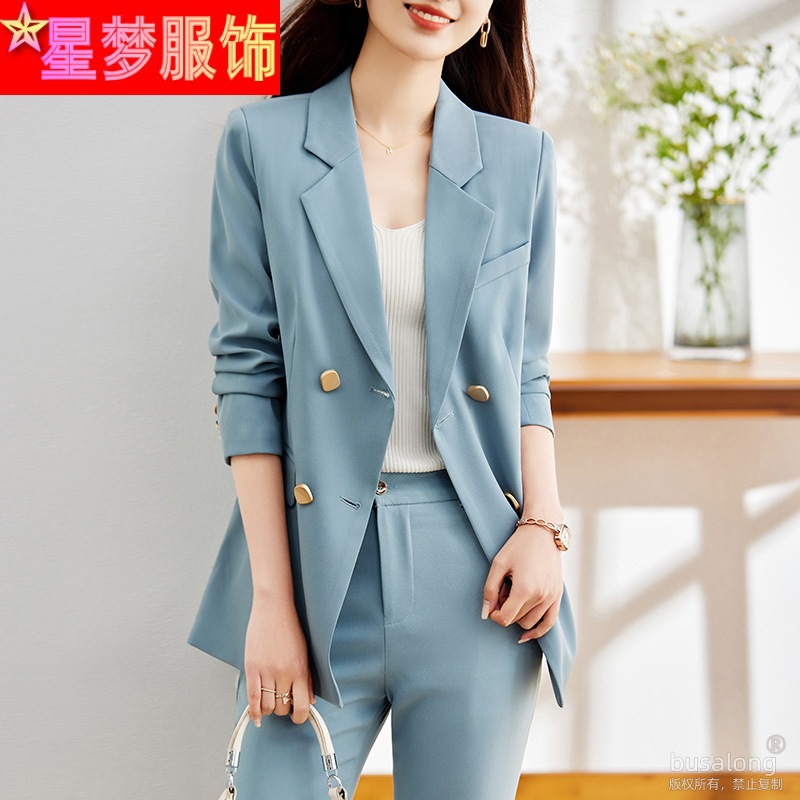 Blue Casual Suit Jacket Women's 2023 Autumn and Winter New High-end Professional Dress plus size Suit Two-piece Suit
