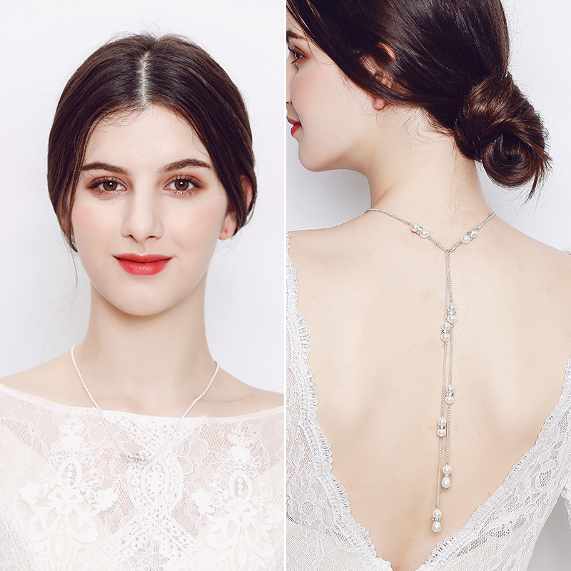 Beach Holiday Style Sexy Necklace European and American Diamond Body Chain Pearl Pendant Tassel Back Chain Dress Accessories