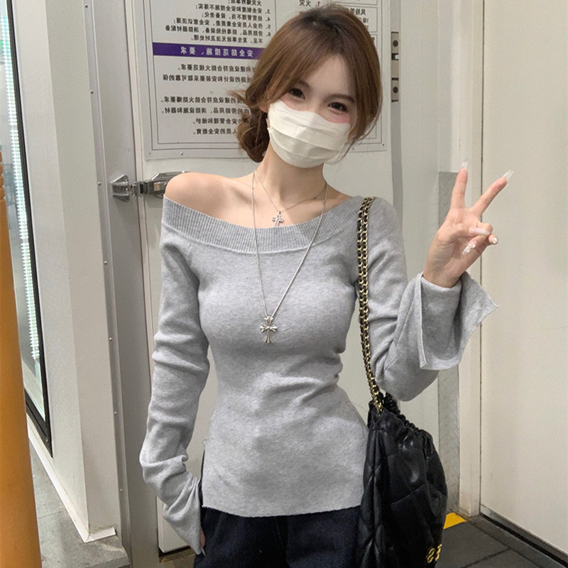 Real Shot Core-Spun Yarn Long-Sleeved Knitted Shirt with Shoulder Collar Slim-Fit Sexy Base Shirt Women's Autumn and Winter New Warm Sweater