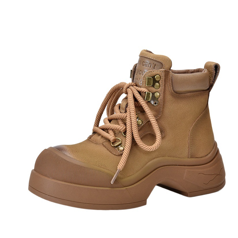 Genuine leather platform hiking boots Women's overalls versatile rhubarb boots autumn and winter British lace-up Martin boots