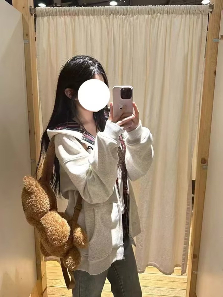 Picture of American Style Retro Plaid Hooded Sweater Women's Spring and Autumn oversize Thin Jacket Loose Lazy Style Cardigan Top