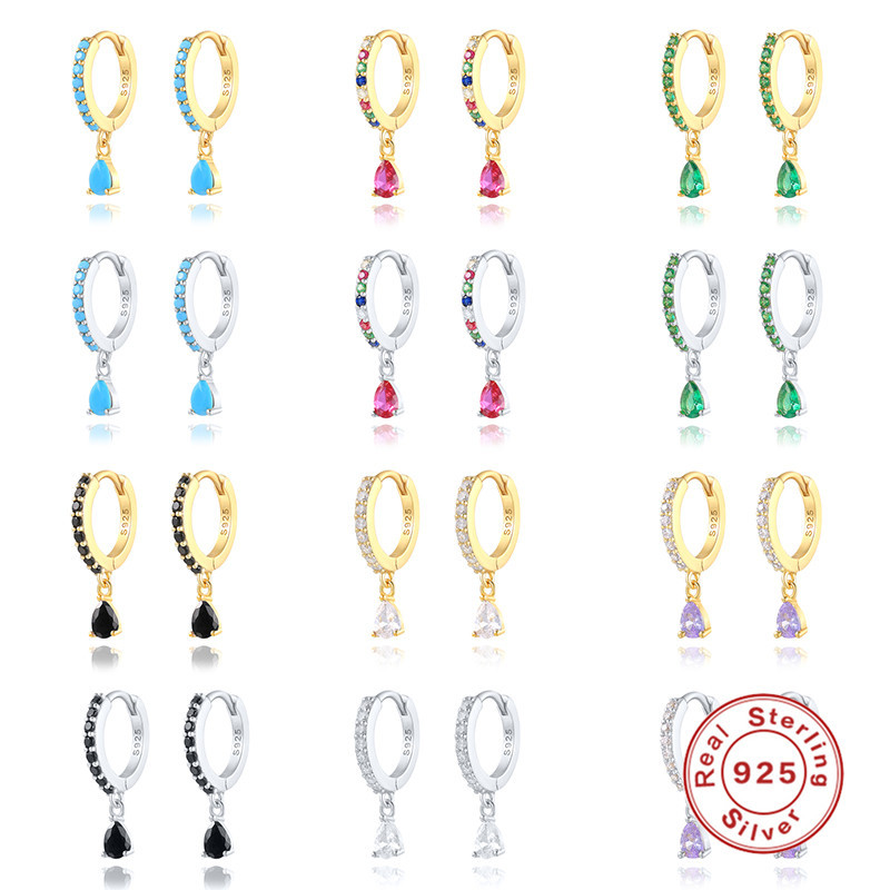 S925 Sterling Silver Diamond-Studded Water Drop Hoop Earrings Cross-Border Bestseller Ins Colored Diamond Ear Cuffs Earrings Trendy Style