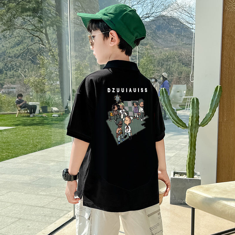 Picture of Boys' short-sleeved T-shirt 2024 Summer Children's western style lapel fashion loose cartoon printed polo shirt top fashion
