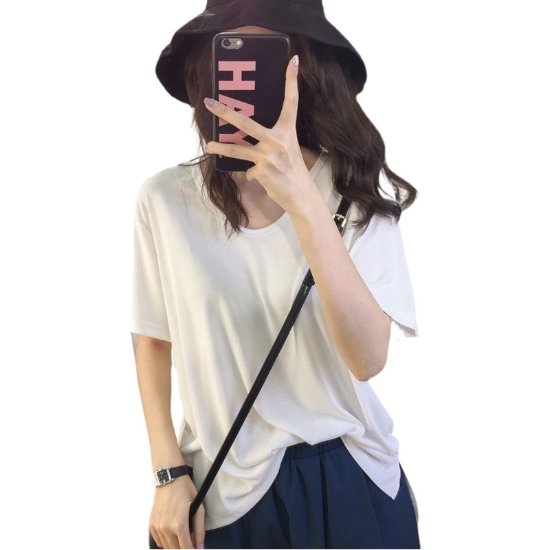 V-Neck Pure Color Short-Sleeved Women's T-Shirt Ins Style Japanese Style Style New Summer Popular Loose Elegant Bottoming Shirt Top