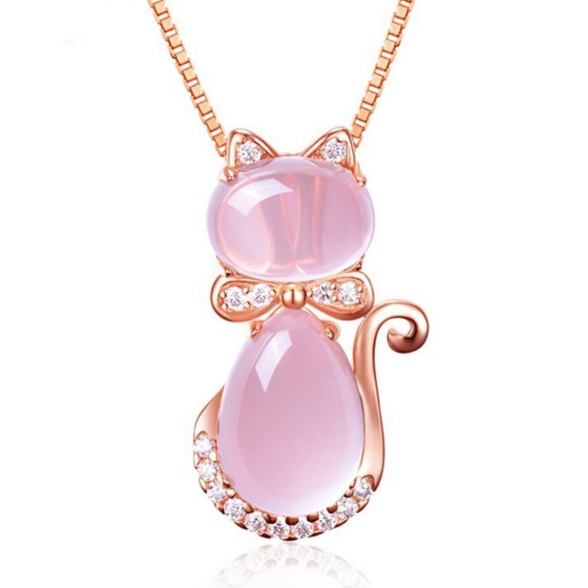 Picture of Korean Style Necklace Rose Gold Plated Natural Hibiscus Stone Pink Crystal Cat Women's Pendant Collarbone Chain Jewelry Pendant