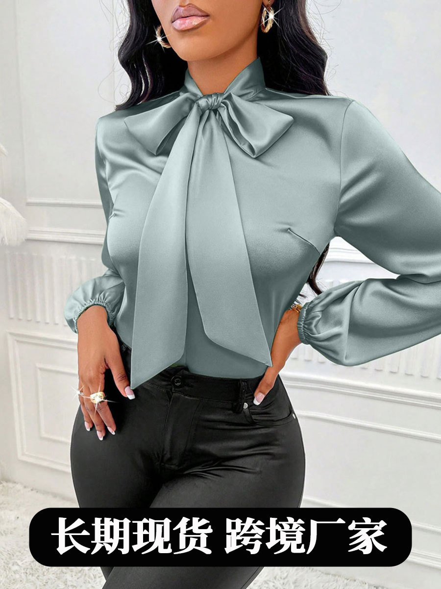 Independent Station Women's Wear 2025 Cross-border Foreign Trade Autumn New Color-Tin Shirt, Amazon Bow Long-Sleeve Top