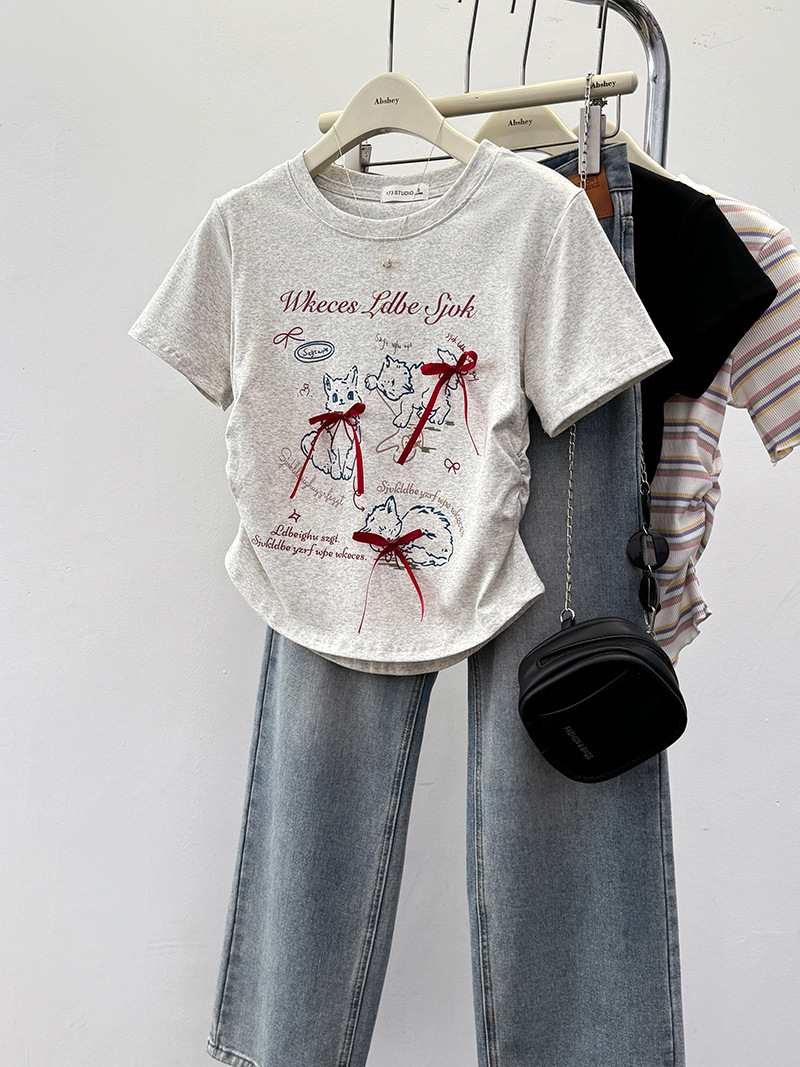 Grey American Bow Cat Shoulder Short-sleeved T-shirt Women's Summer Letter Printed Design Niche Top for Women