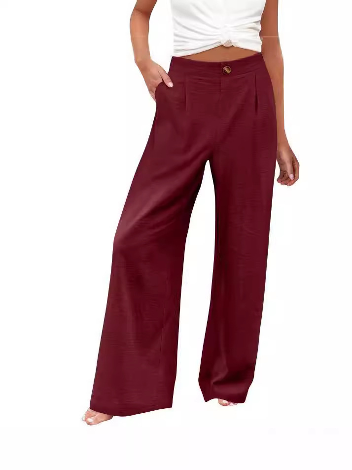 Picture of 2025 Cross-Border Amazon European and American Summer Plaid High Waist Trousers Button Elastic Waist Wide Leg Pants Women's Casual Straight-Leg Pants