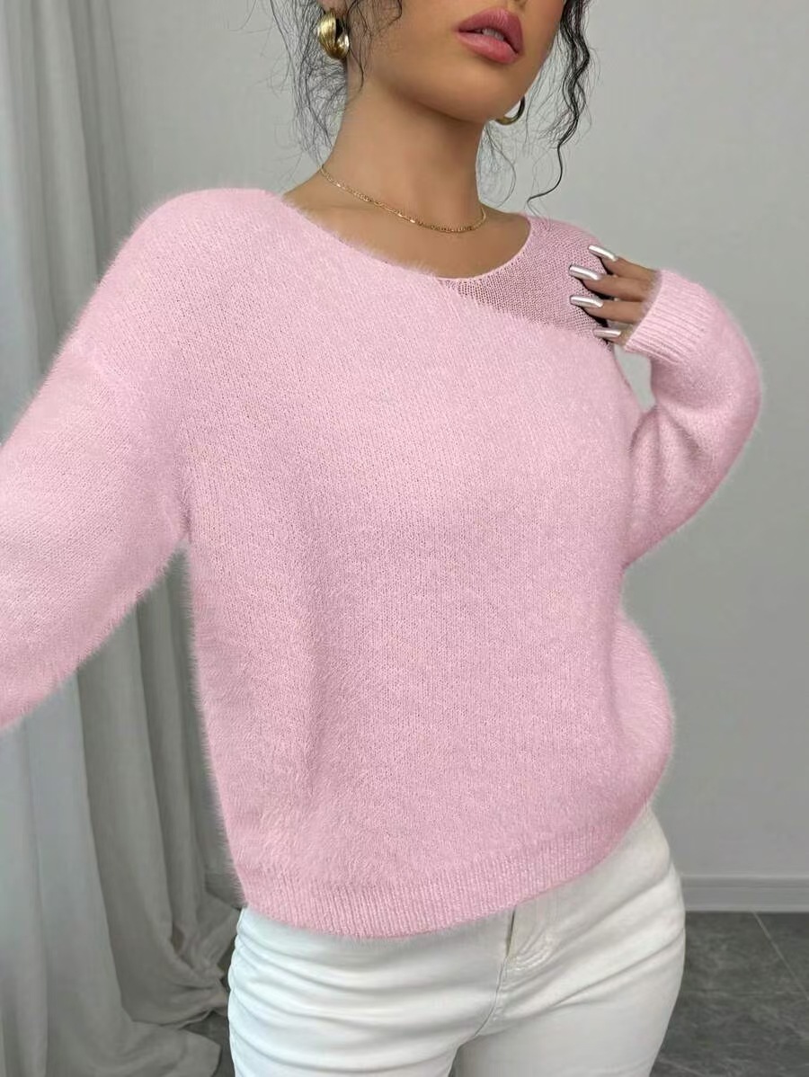 Cross-Border Amazon Hot Selling New Pink Pullover Round Neck Loose Sweater Women's Seamless Lazy Sweater