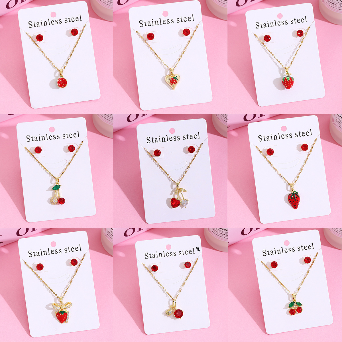 Japanese and Korean Style Light Luxury Sweet 304 Stainless Steel Design Clavicle Chain Strawberry Cherry Micro Necklace Earrings suit Women