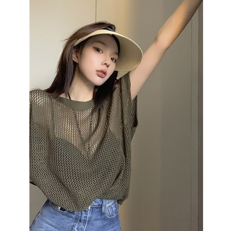Cross-border Short-sleeved T-shirt Women's Summer Hollow-out Ice Silk Knitted Sweater Loose Belly Covering Slimming Casual All-match Outer Wear Top