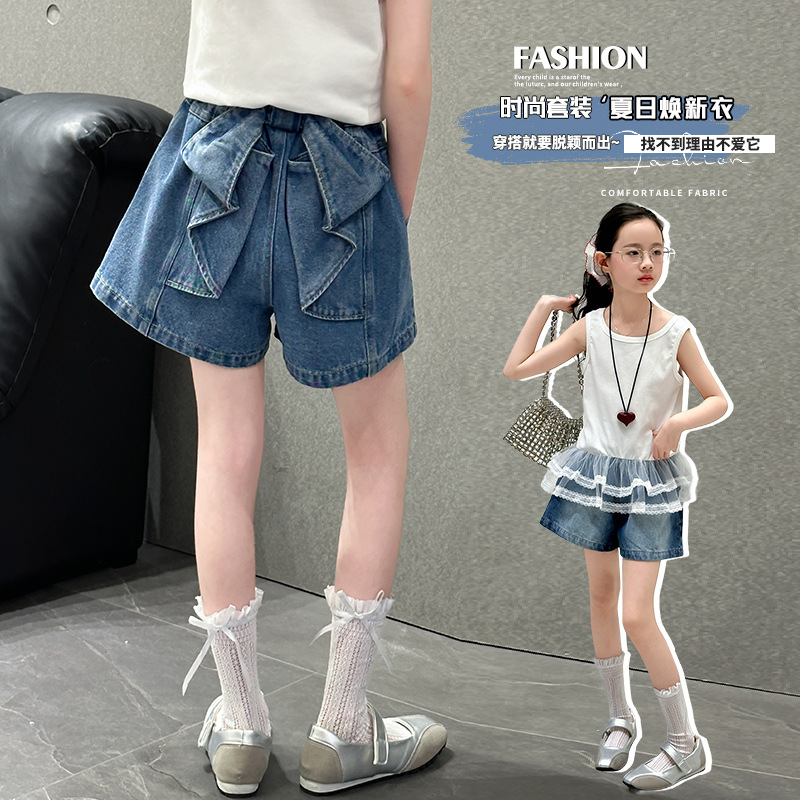 Girls' American Style Vintage Three-Dimensional Bow Design Denim Shorts Summer High Waist Loose Slimming Wide Leg Hot Pants