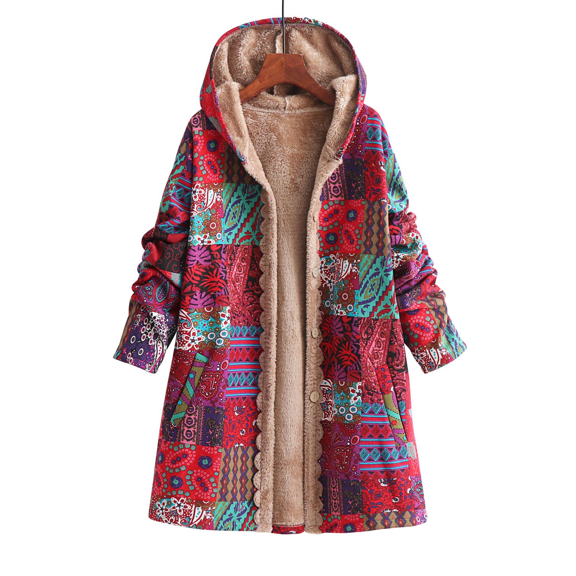Picture of 2023 Winter Amazon WISH European and American popular new women's cotton and linen printed hooded sweater warm plush coat