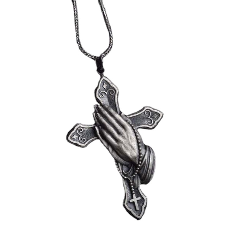 Zhen Rong wish New Hands Prayer Cross Retro Necklace European and American Plated 925 Thai Silver Black Pendant
