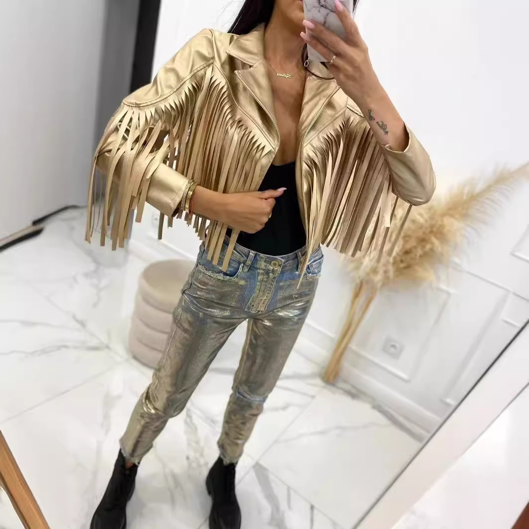 2023 Autumn New European and American Cross-border Women's Street Fashion Flowing Sour Leather Jacket Coat