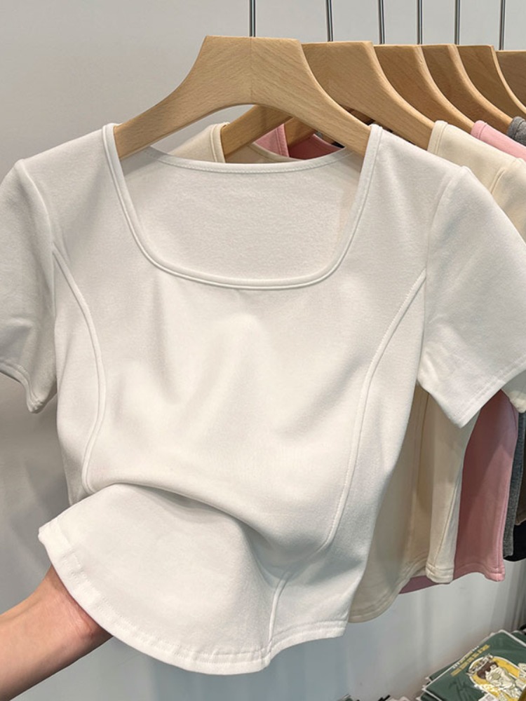 Picture of Square Collar Shoulder White Short-sleeved T-shirt Women's Summer Curved Hem Large Neck Slim-fit Slimming Short Fishbone Top