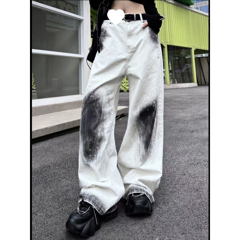 High Waist White Jeans Women's 2024 Summer New Tie-Dye Graffiti Slim Wide Leg Pants Small Pants