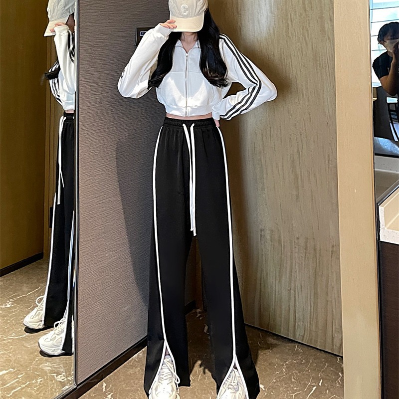 Narrow wide-leg pants for women Spring and Autumn small straight high waist slimming draping casual split sports pants for women
