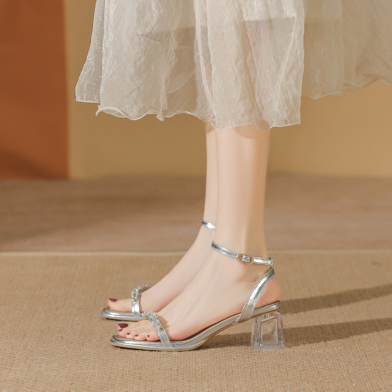 Thick heel sandals women's 2024 summer latest French style mid heel rhinestone high-grade silver high heel shoes with beautiful high heels