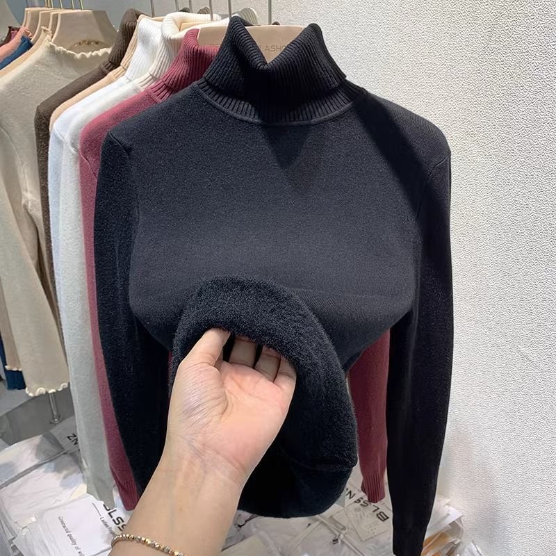 Picture of Foreign trade fleece-lined thick warm one-piece velvet top autumn and winter threaded high collar long sleeve T-shirt women's knitted base
