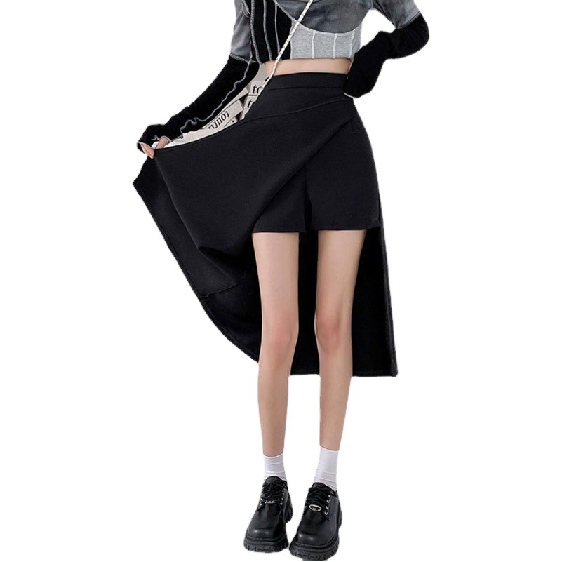 Black Irregular Split Skirt Women's 2022 Autumn New Elegant High Waist Slimming Mid-length A- line Skirt