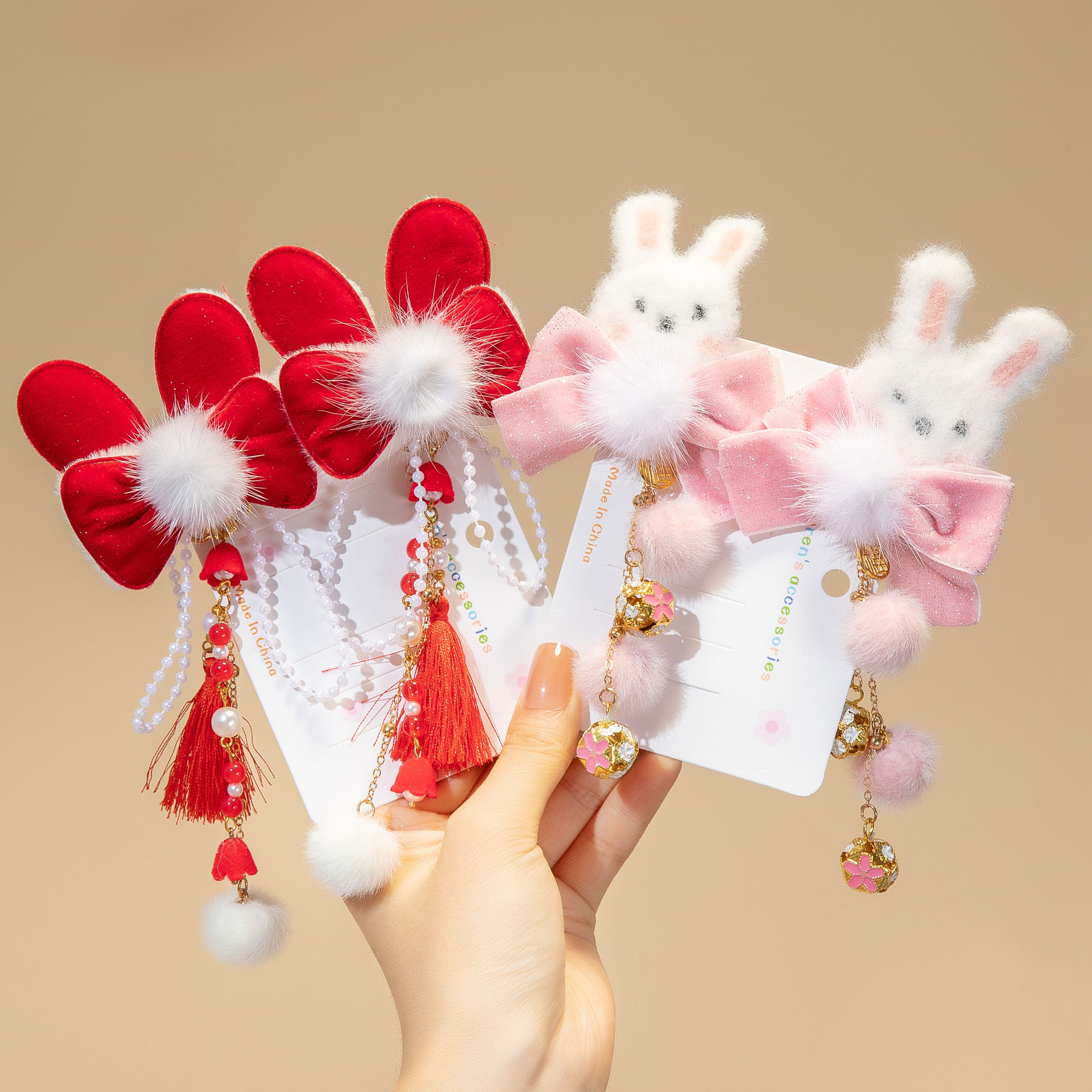 Picture of New Year Red Headwear Children's Antique Fluffy Flower Hair Ball Tassel Hairpin Girls New Year Greeting Hairpin New Year Celebration Hair Accessories