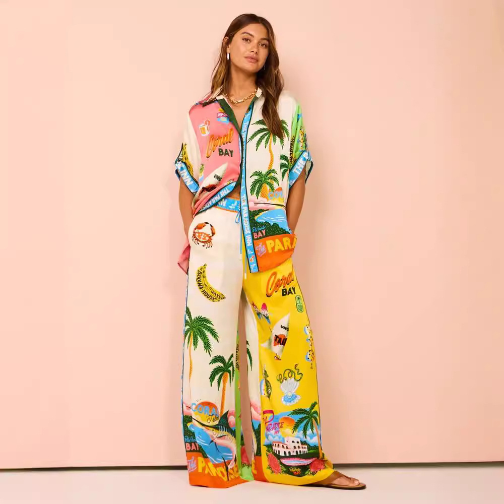 African trade Personalized Printed Short-sleeved Shirt Loose Tether Trousers Women's Ethnic Cross-border Two-piece Set
