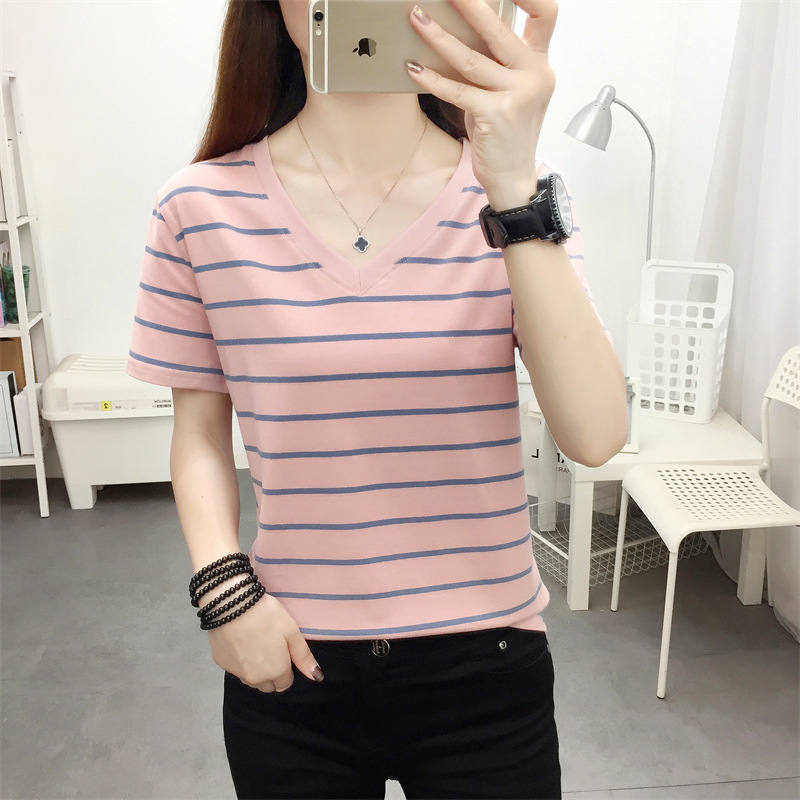 Summer plus size Loose Slimming Cotton Short-sleeved T-shirt Women's Middle-aged Mother Striped Half-sleeved T-shirt V-neck Top