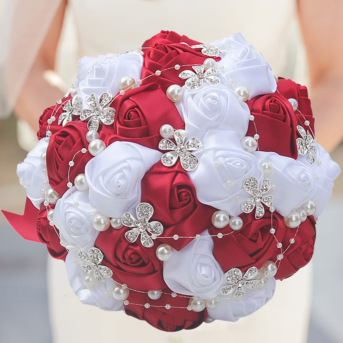 Picture of European and American Super Beautiful Ribbon Flower Wedding Supplies Bride's Hand-held Flower Five-flower Beaded Hand-held Flower Wedding Supplies Hand-held Flower
