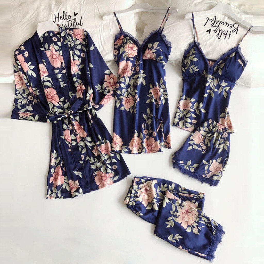 Pajamas Factory Wholesale Printed Women Sling Sleeping Loose Comfortable Lace Five-Piece Home Clothes Underwear Nightgown Bathrobe