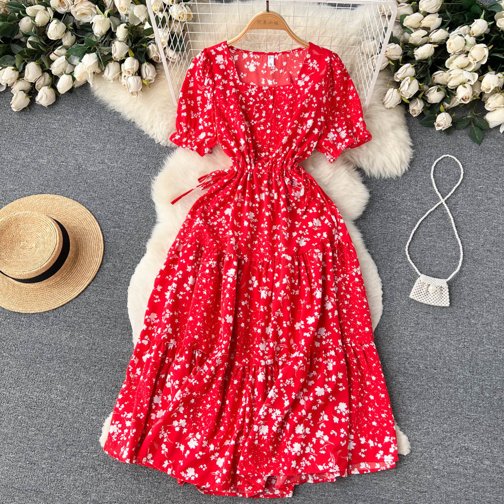 Summer Travel and Holiday Style Retro Niche Design Sense Printed dress Women's Tight Waist Large A- Line Fairy Dress