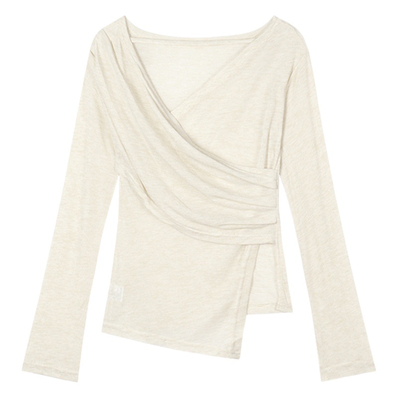 French V-Neck Long-Sleeved T-Shirt for Women in Autumn and Summer Thin Off-Shoulder Waist Blouse Design Niche Sun Protection Shirt Top