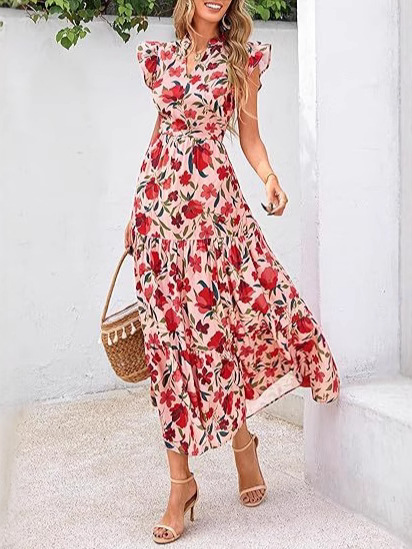 2025 Summer Flower Long dress V-Neck Pleated Long Elegant Bohemian Casual Beach dress