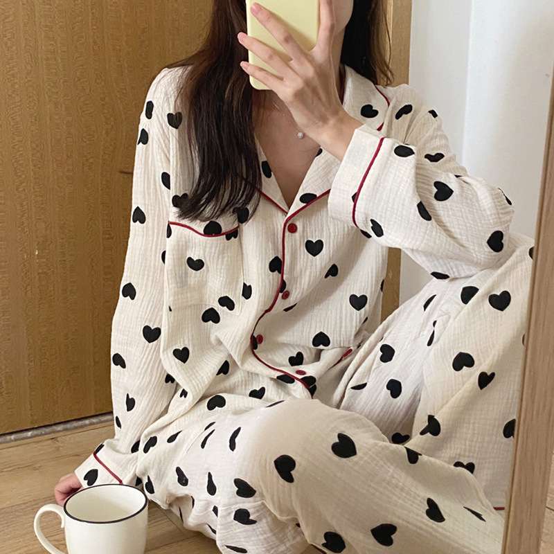 High-end Pajamas Women's Autumn and Winter 2024 New Loose Comfortable Spring and Autumn Long Sleeve Cardigan Love Home Clothes Set