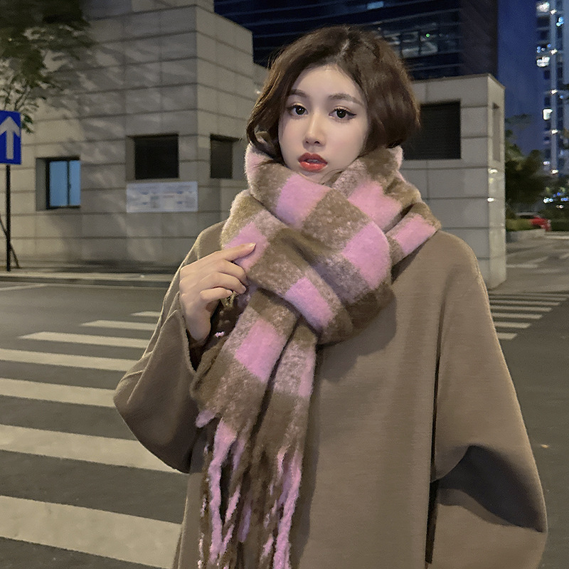 Picture of Winter monochrome plush heavy weight soft fluffy lazy wind solid color large pulled wool warm scarf for students couple
