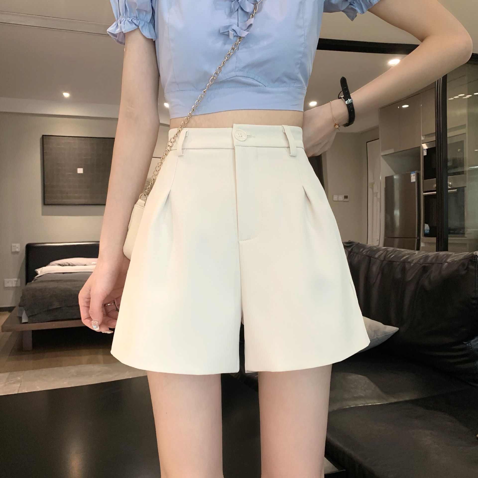 Black Internet celebrity popular shorts women's summer thin slimming high waist suit pants loose straight casual wide leg pants
