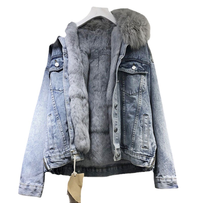 Picture of Plush Denim Jacket for Women Winter 2024 New K-Style Thickeneded Short Imitation Rabbit Fur Collar Detachable Cotton Jacket for Women Trendy