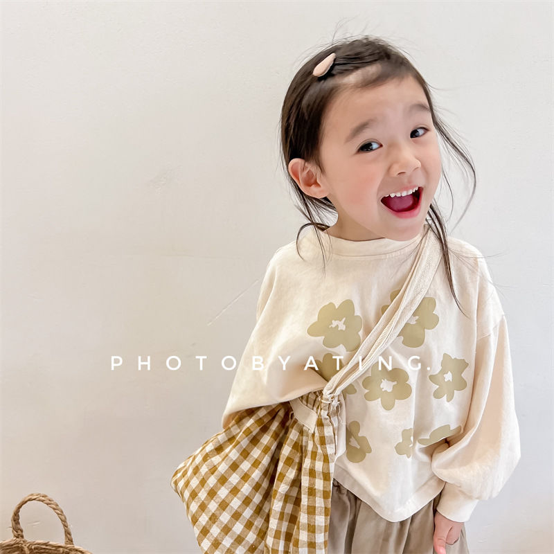 Cute Little Cute South Korea Girl Baby Big Flower Loose Thin Sweater Autumn Long Sleeve Pure Cotton Base Shirt
