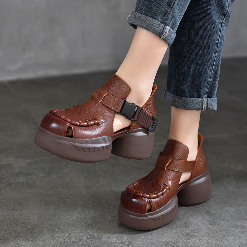 [Event Price 135] Thick-Soled Sandals, Genuine Leather Hollow Roman Shoes, First-Layer Cowhide High-Heeled Women's Sandals