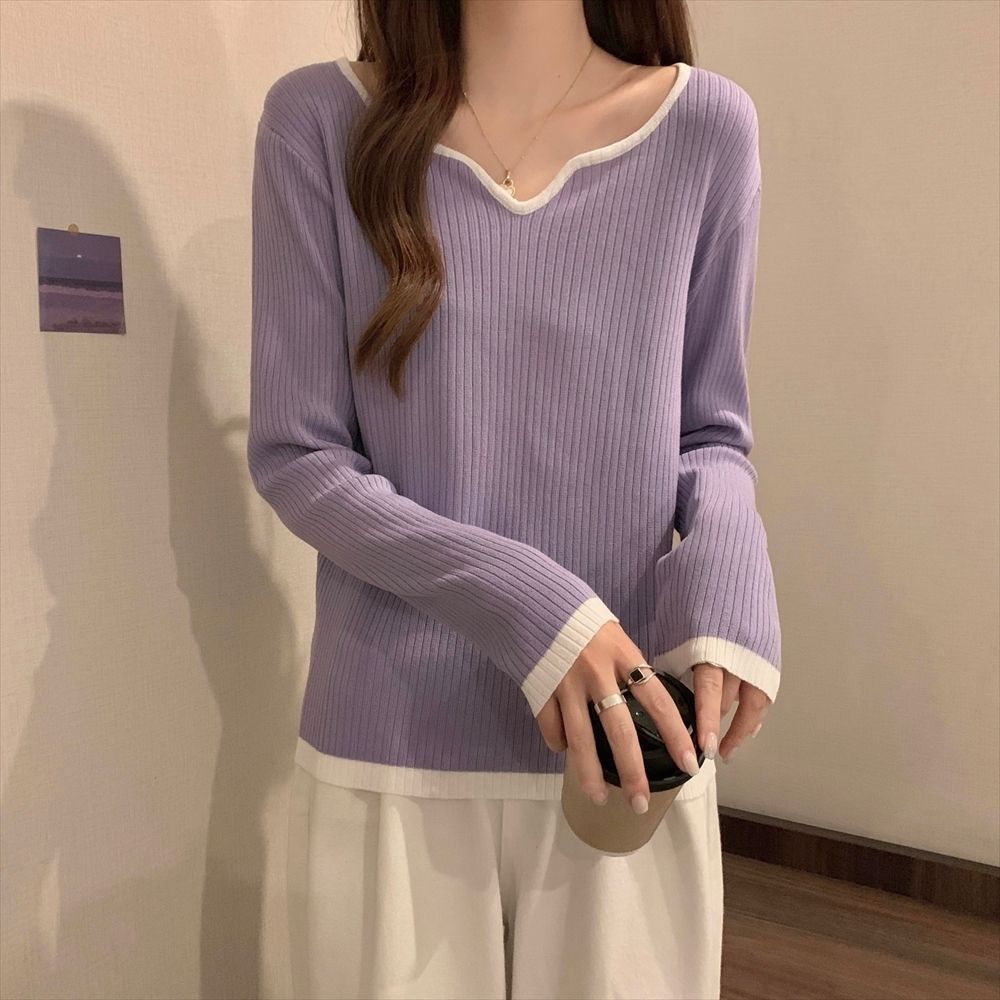 Picture of Large Size Sweater Women's 2022 New Autumn Design Contrasting Color Square Collar Clavicle Base Shirt Slim Shirt