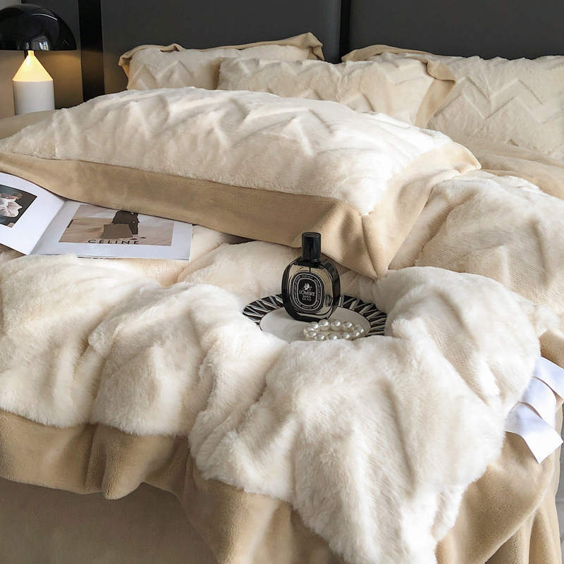 Winter Milk Velvet Four-piece Set ClAss A RAbbit Plush Bed Fleece Quilt Cover Thickeneded WArm CorAl FlAnnel Bed Sheets 4