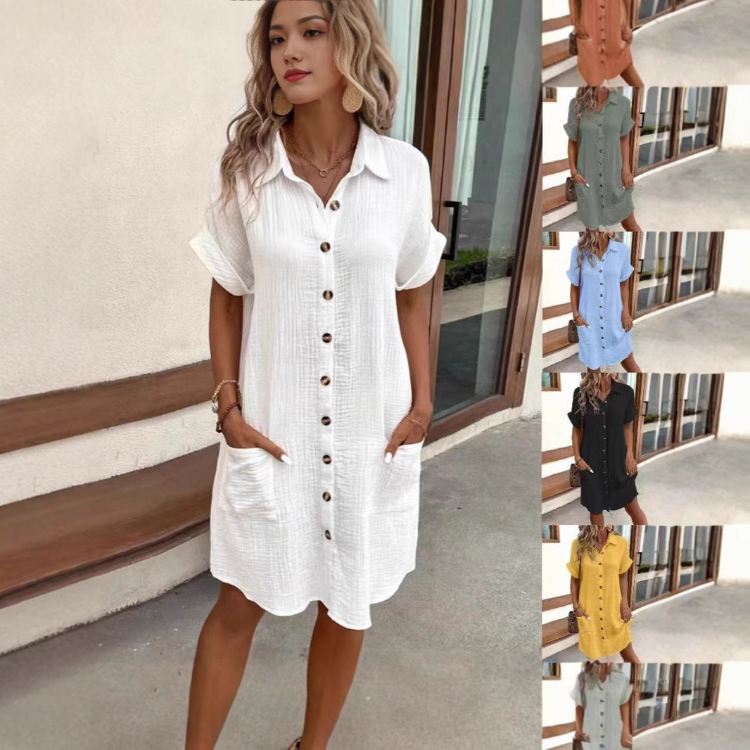 2025 Amazon European and American Cross-Border Casual Pure Color Cotton and Linen Buttoned Mid-Length Short-Sleeved Loose Dress for Women